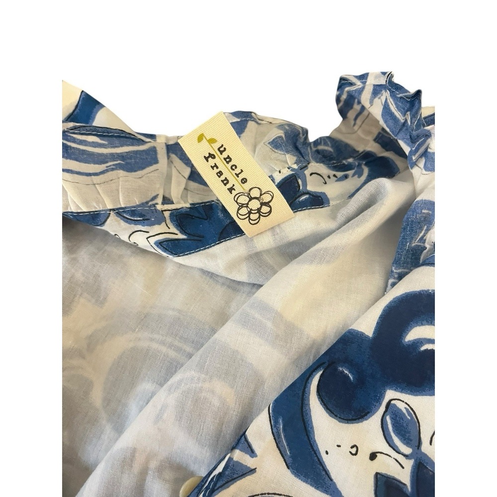 Uncle Frank Tile Pattern Dress Size Small Blue White Ruffle Collar Belted - Picture 8 of 10